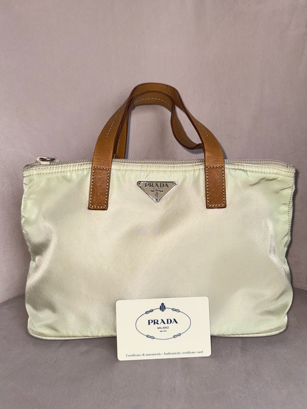 Prada Authentic Cream Nylon Purse with Tan Leather Handles
